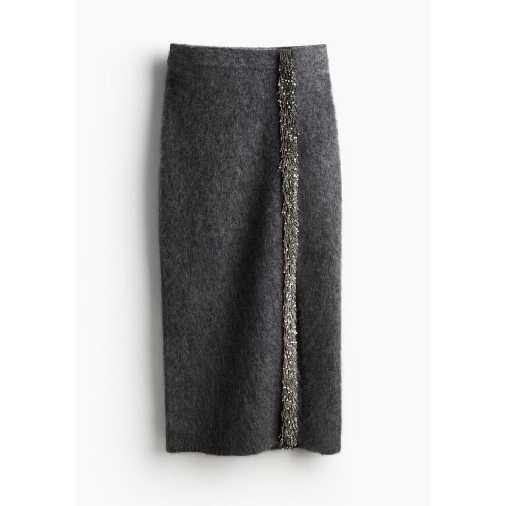 H&M EditionMerino Wool Gray Beaded Midi Skirt XL